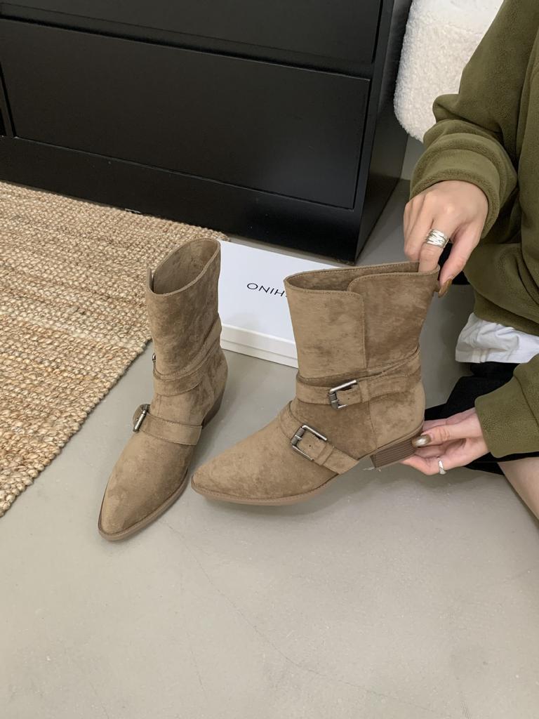 Корейская версия пряжка ремня толстый каблук складки два способа носки короткие ботинки женские осень и зима новые модные темпераментные джинсовые тонкие короткие ботинки