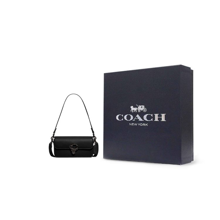 Coach Сумка Studio 20 Багет Однотонная Кожаная Сумка на Плечо с Клапаном на Кнопке Логотип C Женские Сумки Черный CE331-V5BLK