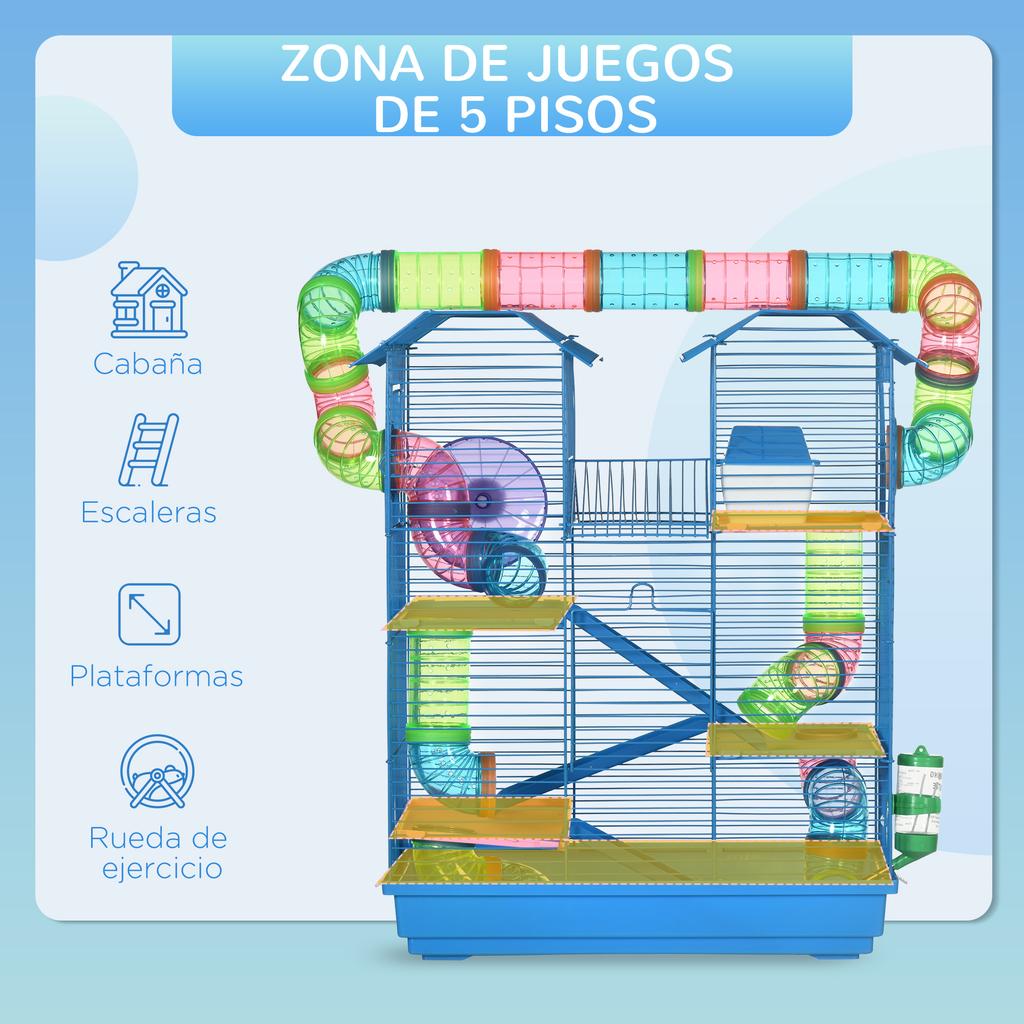Multi-Level Hamster Cage with Tubes, Platforms, Feeder, Water Bottle, House, Wheel, and Ladders, 47x30x59 cm, Blue