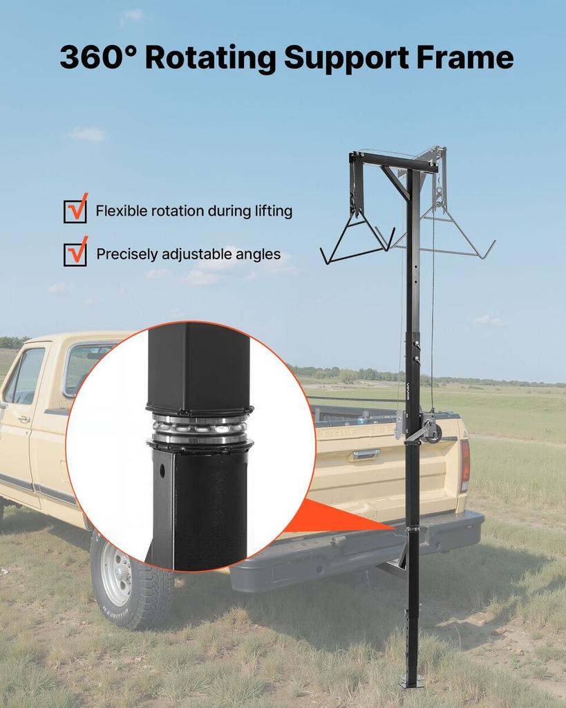 Truck Hitch Game Hoist, 600 lbs Load Capacity, Hunting Deer Hoist with 2-inch Receiver, 360-Degree Swivel Shaft & Adjustable Height, Includes Gambrel