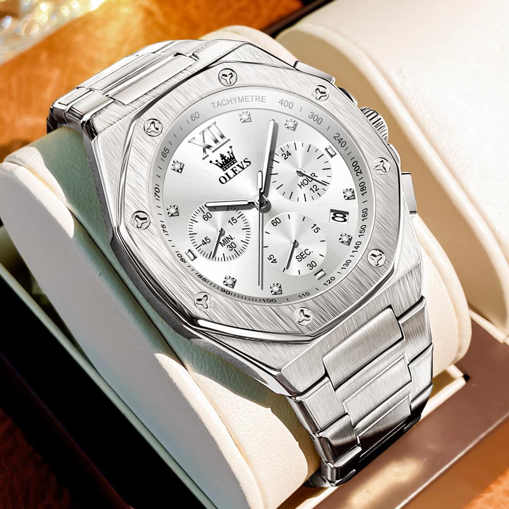 OLEVS Silver Blue Chronograph Men's Watches Fashion Quartz Watch Man Waterproof Luminous Date Stainless Steel Wristwatch