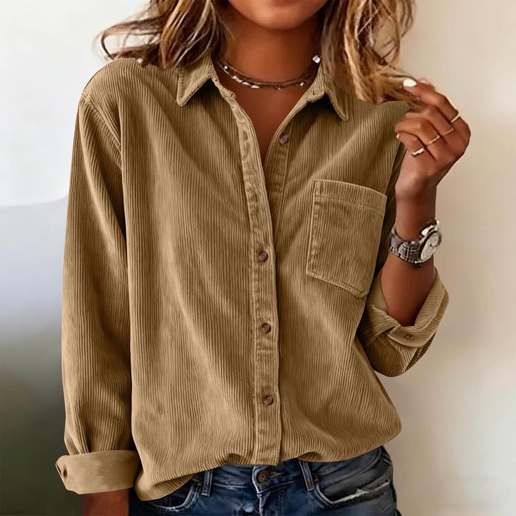 Женская модная вельветовая повседневная рубашка-куртка с длинными рукавами и большим отложным воротником