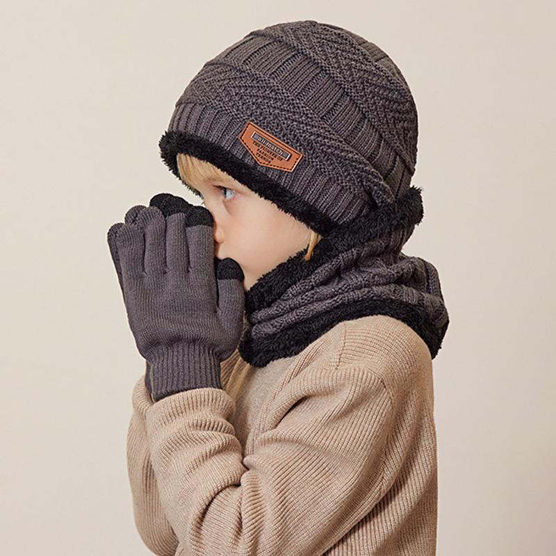 Детский комплект шапок, шарфов и перчаток, детские вязаные шерстяные шапки плюс бархатные теплые шарфы на шею, модные зимние детские уличные, устойчивые к холоду, 3 шт.