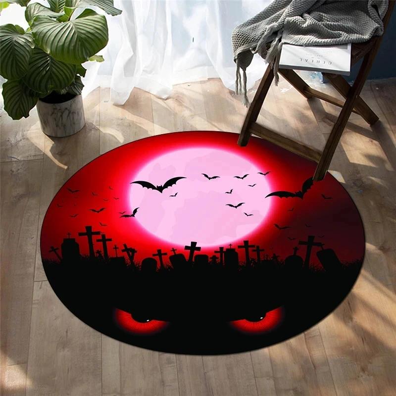 Happy Halloween Round Carpet Castle Bat Print Area Rug for Living Room Bedroom Chair Non Slip Horror Theme Floor Mats Yoga Mat