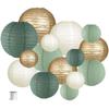 Elegant Round Paper Lanterns - Wedding & Party Decor, Rustic Bridal Shower, Sage Green Gold Ivory Hanging Set 15pcs