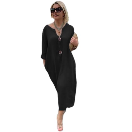 Женское платье с v-образным вырезом и пуговицами, декор с длинными рукавами, свободное однотонное платье размера плюс до середины икры, простой стиль, повседневное платье миди