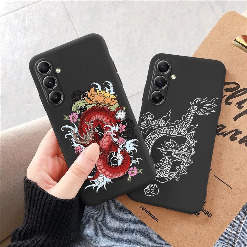 Мягкий силиконовый черный чехол с рисунком Line Chinese Loong для Xiaomi Redmi Note 13 Pro Samsung A55 A35 M35 S24 iPhone Camera Защитный противоударный чехол