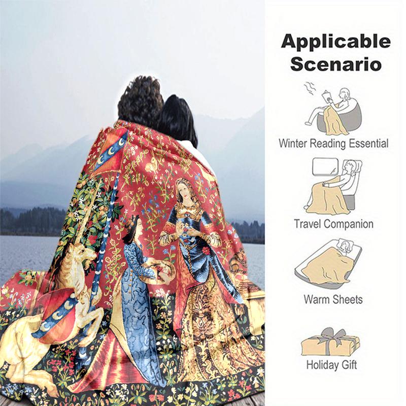 1PC Medieval Lady and Unicorn blanket, al season lightweigh Poster blanket home office outdoor nap multifunc Poster blanketional blanket