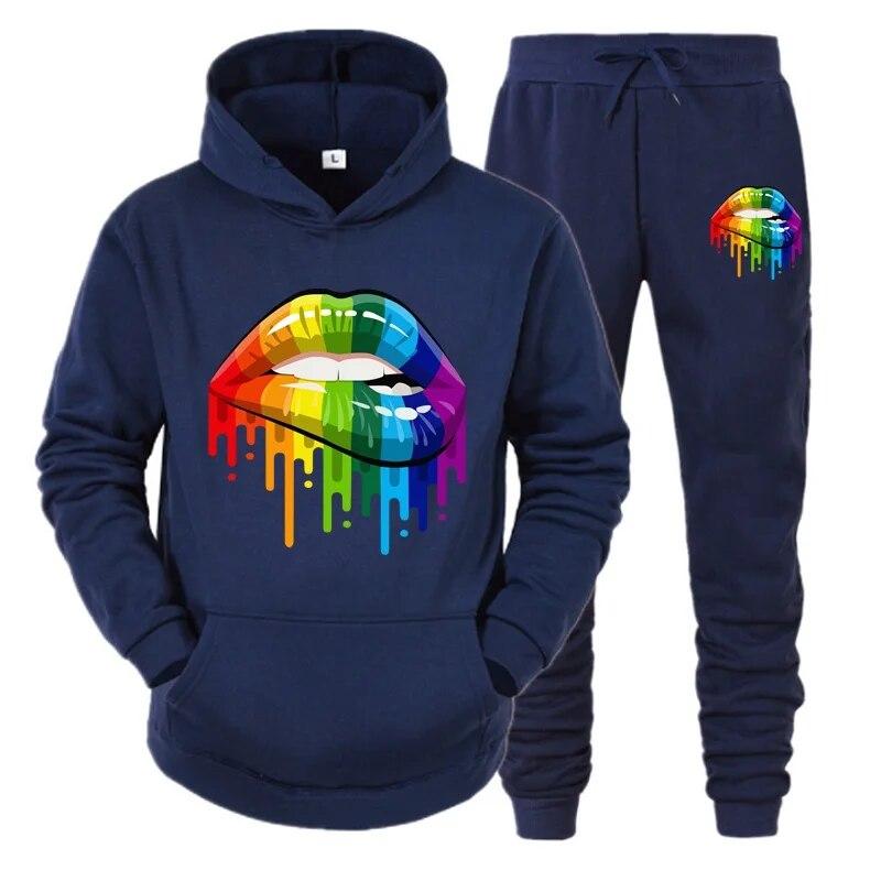 Осень-зима женская толстовка + спортивные штаны, спортивные костюмы из 2 предметов, спортивные костюмы с капюшоном для бега, модные цветные спортивные костюмы с принтом губ
