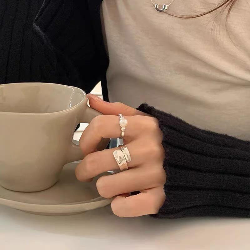 Korean Style Geometric Irregular Faux Pearl Open Adjustable Women's Ring