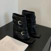 Vintage Belt Buckle Toe Cool Boots New Thick Heel Fried Street Hot Girl Trousers Boots Metal Buckle Sandals Women