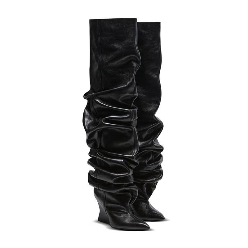 Женские клинья с острым носком, ботинки со складками, кожаные ботфорты, классические сексуальные женские туфли на высоком каблуке, короткие ботинки для женщин