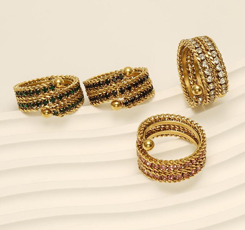 Европейское и американское 18-каратное золото, нержавеющая сталь, кольцо с полным бриллиантом, регулируемое, многослойное