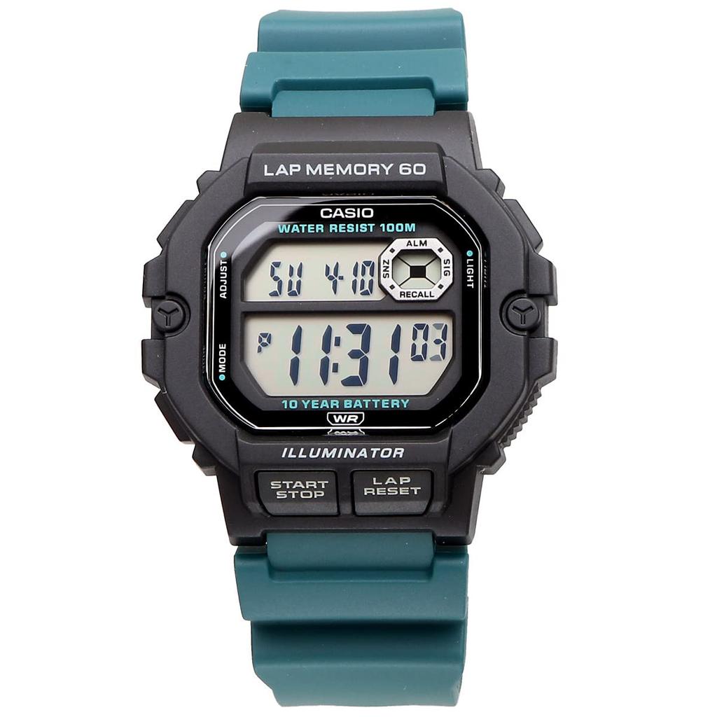 Casio Спортивные цифровые мужские часы с памятью на 60 кругов, WS-1400H-3AV, Модель для зарубежного рынка, Черный/Сине-зеленый [Параллельный импорт]