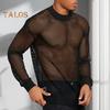 Men Mesh Top Ultra Thin See-through O Neck Long Sleeves Solid Color Stretchy Loose Fit Muscle-Enhancing Party Homewear Club Dance Performance T-shirt