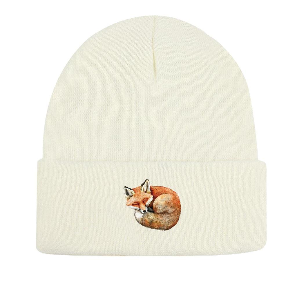 Curl Up Fox Winter Knitted Cap Beanie, Animal Man Cap Thermal Lightweight Stylish Gorro Knit Hat Beanie