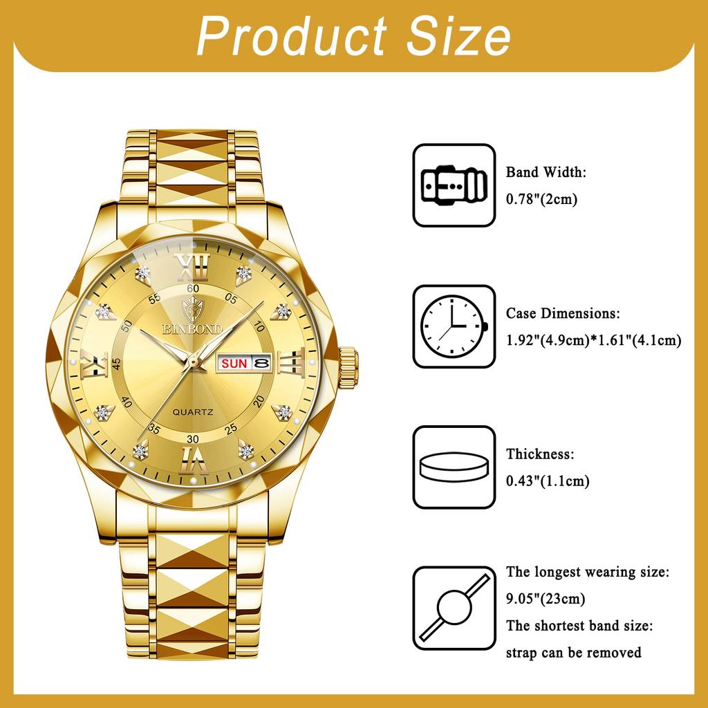 Наручные круглые из нержавеющей стали с календарем золото золото большая пара с New Day мужские часы, водонепроницаемые, непромокаемые, светящиеся, светящийся, циферблат, сталь,