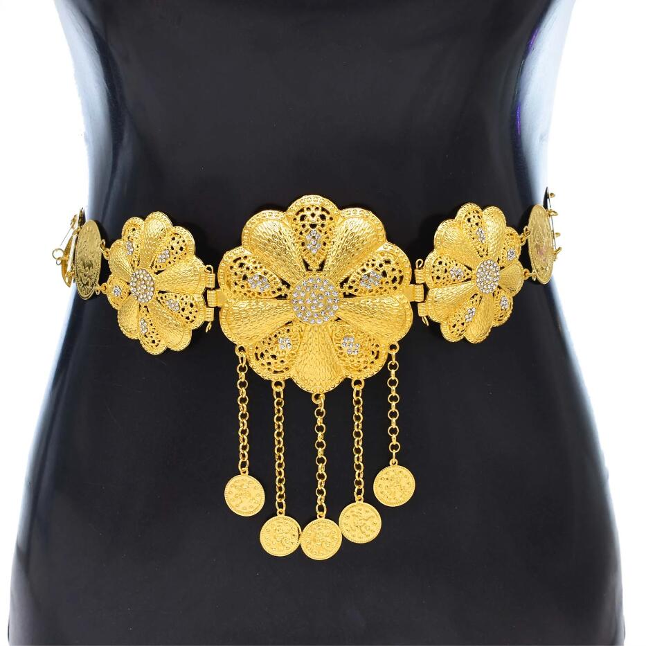 Gold Large Flower Rhinestone Long Chain Coin Tassel Metal Belt Body Jewelry