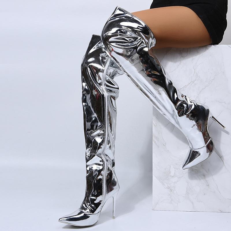 Women Fashion Faux Leather Thigh High Boots Nightclub Style Sexy Anti-Slip Prom Shoes Pointed Toe Long Boots
