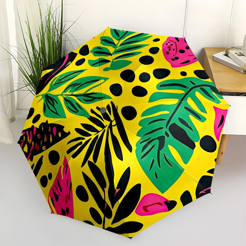1pc Tropical Leaves Pattern Automatic Folding Umbrella - Portable Collapsible Design, 8-Rib Iron Frame, Durable Fabric yy251125079
