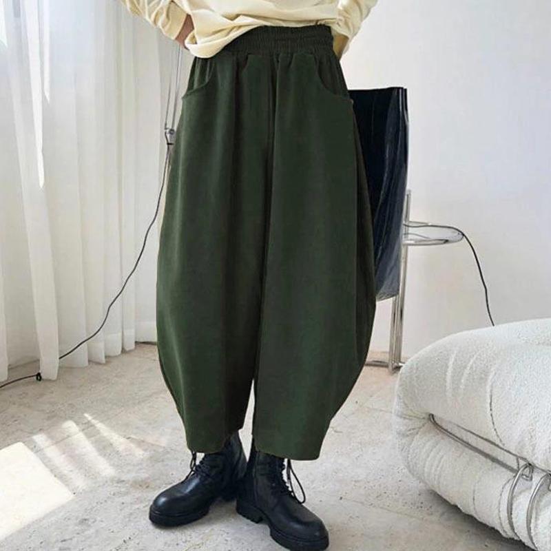 Johnature Spring Autumn Casual Thicken Harem Pants Simple Elastic Waist Loose Soild Color Ankle-lenght Women Pants