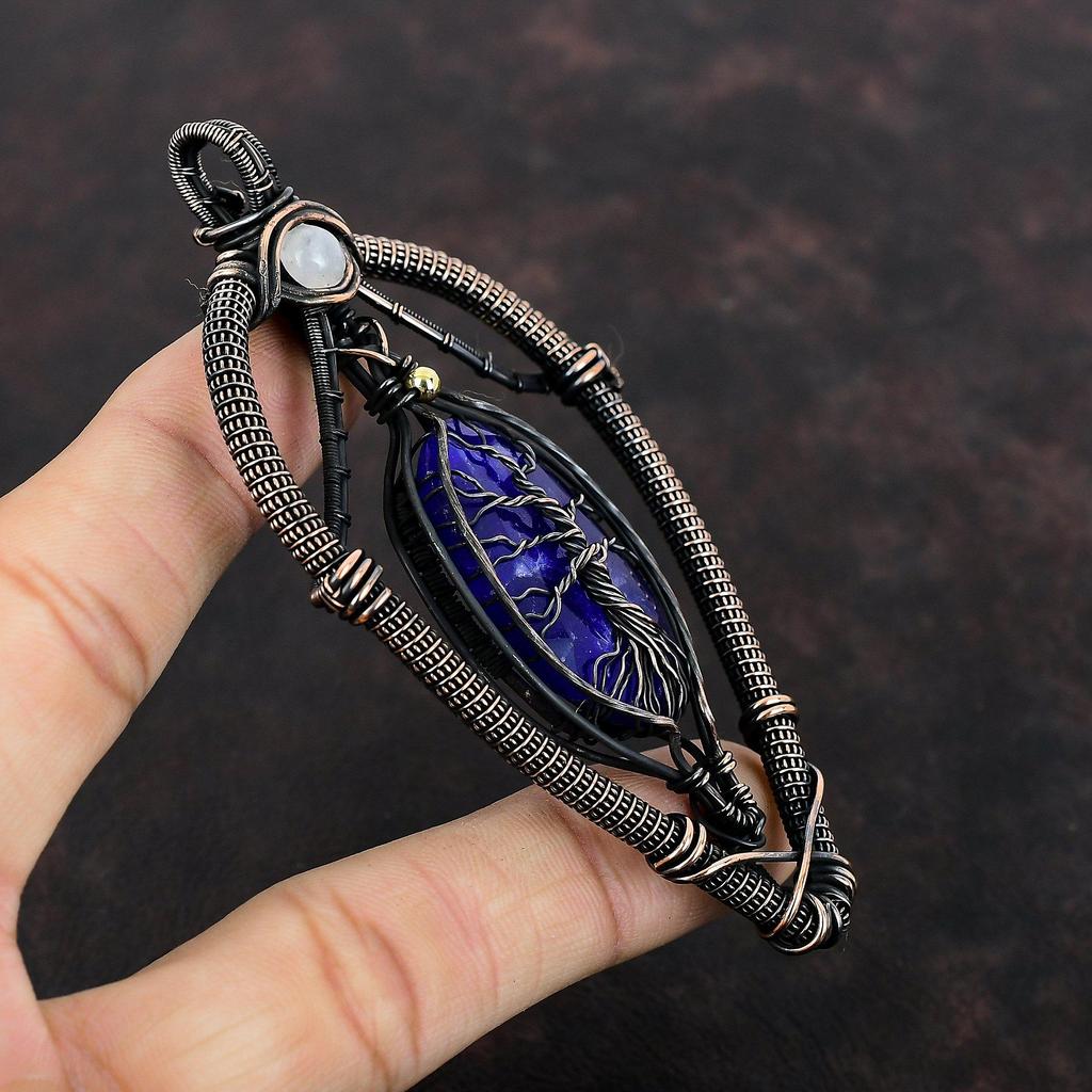 Кулон с граненым синим сапфиром «Дерево жизни», обернутый медной проволокой, ювелирное изделие ручной работы, подвеска из драгоценного камня «Радужный лунный камень», обернутая медной проволокой