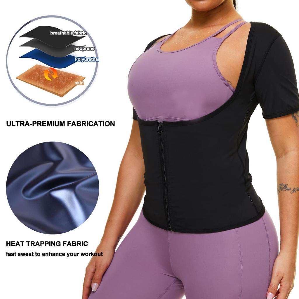 Women Sweat Vest Short Sleeve Waist Trainer Tops Zipper Compression Shirts Heat Trapping Sauna Suit Fitness Slimming Body Shaper Workout Cropped