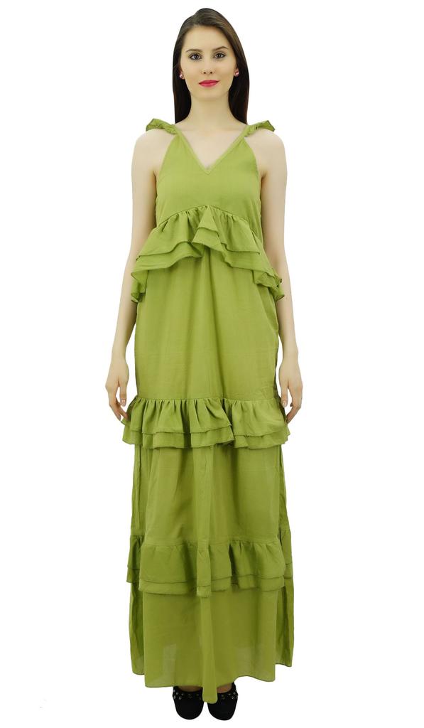 Bimba Sexy Summer Spaghetti Strap Sundress V-Neck Casual Ruffle Long Maxi Beach
