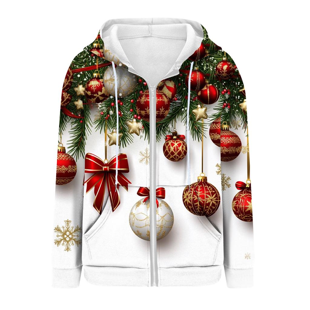Женская рождественская печатная толстовка осень-зима с длинным рукавом кардиган куртка с карманами на молнии толстовка с капюшоном верхняя одежда