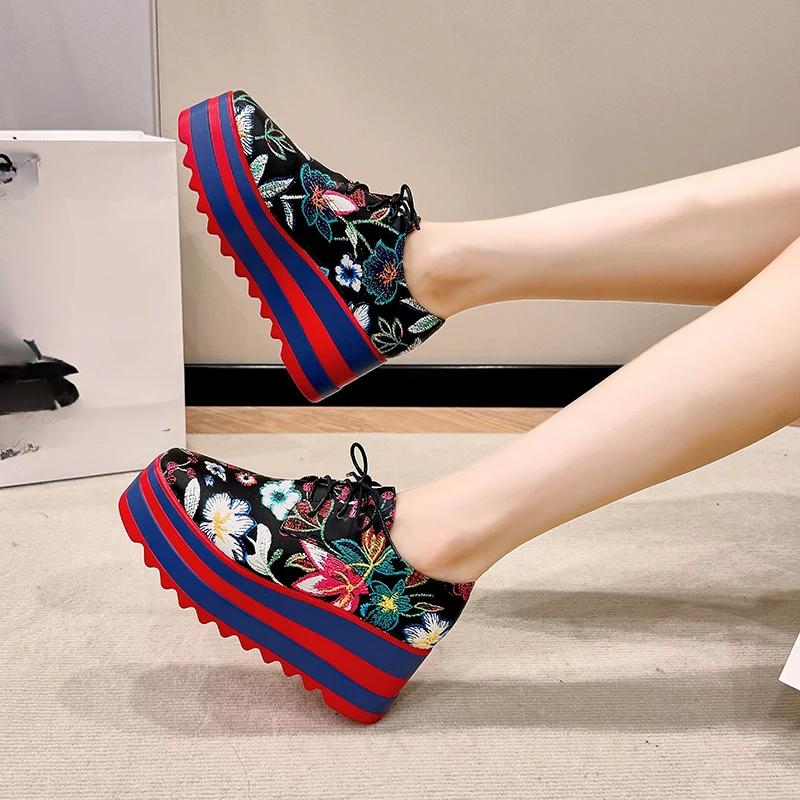 Женская обувь 2024 года, женские туфли на шнуровке на высоком каблуке, повседневные туфли-лодочки больших размеров, женские туфли с принтом, круглым носком, на платформе и танкетке, женские