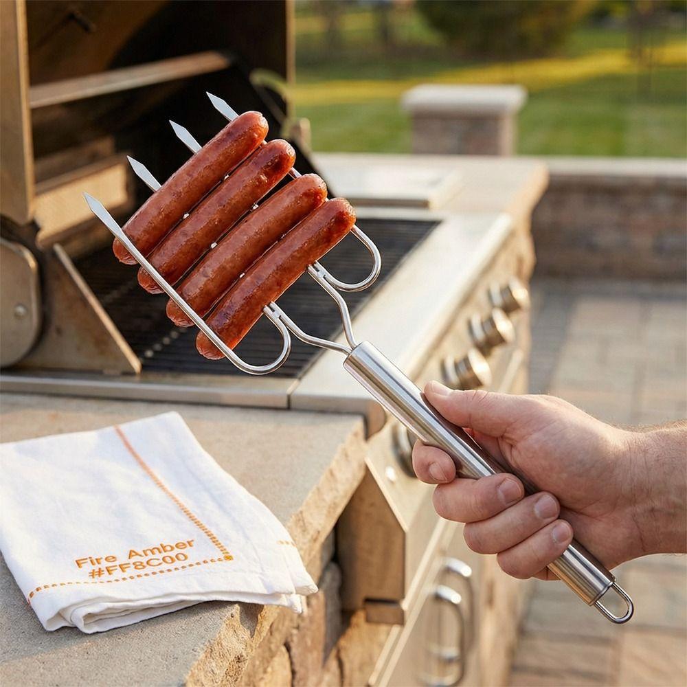 Four Needle Barbecue Fork Stainless Steel BBQ Grill Fork Grilling Tool Steak Fork  Camping