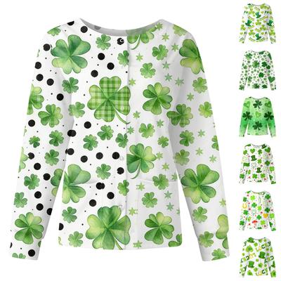 Женская повседневная модная блузка с длинным рукавом, воротником-стойкой и однобортной застежкой. Куртки-топы рабочей одежды с принтом ко Дню святого Патрика