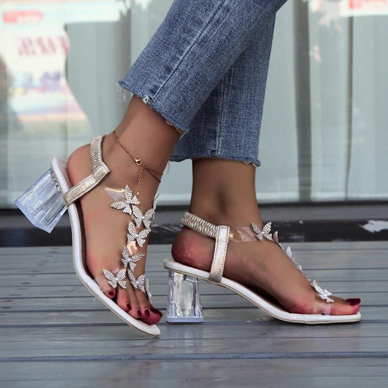 Fashion Women Elastic Rhinestones Sandals Elegant Designer Female Sale Pvc Fashion Comfortable Medium Block High Heels Party Shoe Summer