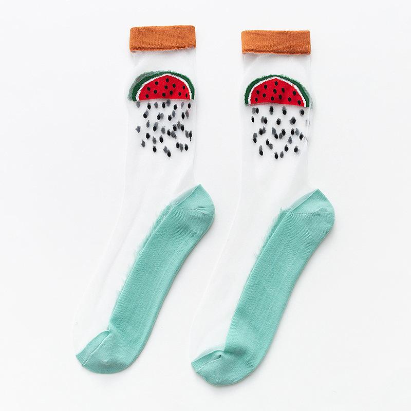 Женские тонкие прозрачные носки из хрустального стекла и шелка, милые летние сетчатые носки с фруктами: клубникой, авокадо, персиком и арбузом