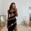 Summer Screw Thread Sheath Sexy Dress Women Sling V Neck Contrast Color See-through Slim Mesh Dress