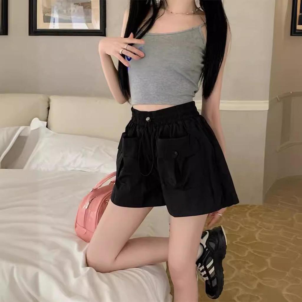 Summer 2024 Women's Gray High-Waisted Wide-Leg Casual Shorts with Double Pockets and Drawstring