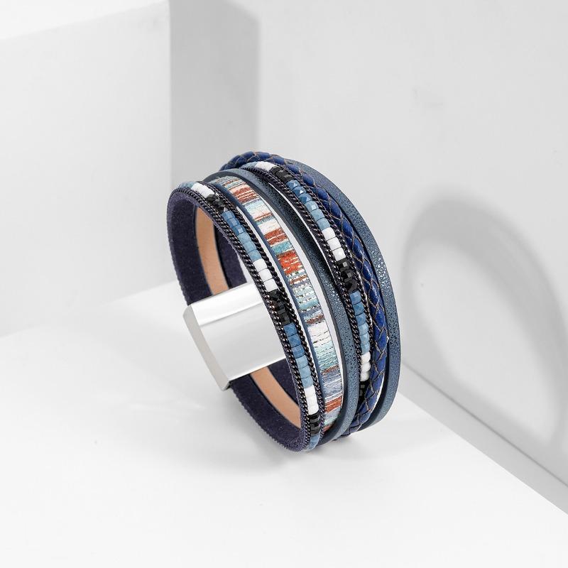 Богемский плетеный кожаный браслет ручной работы, женский, сплав, магнитная застежка, многослойный ПУ-браслет, многоцветный, на выбор