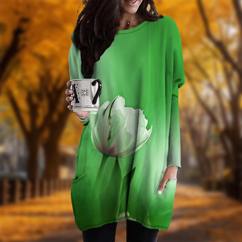 Новинка осени. Платье больших размеров с принтом свежей лилии. Женское повседневное платье с круглым вырезом и длинными рукавами. Платья с карманами.