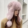 Зимняя шапка для женщин, теплая, из натурального меха кролика Рекс, вязаная шапка с ушами, сшитая вручную, модная шапка-бомбер