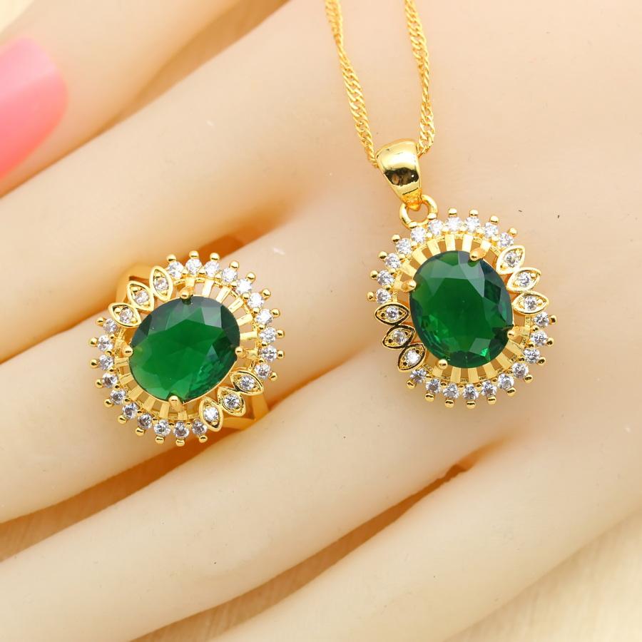 Новинки Ювелирные наборы золотого цвета для женщин Свадебный зеленый циркон Браслет Серьги Ожерелье Подвеска Кольцо Подарок