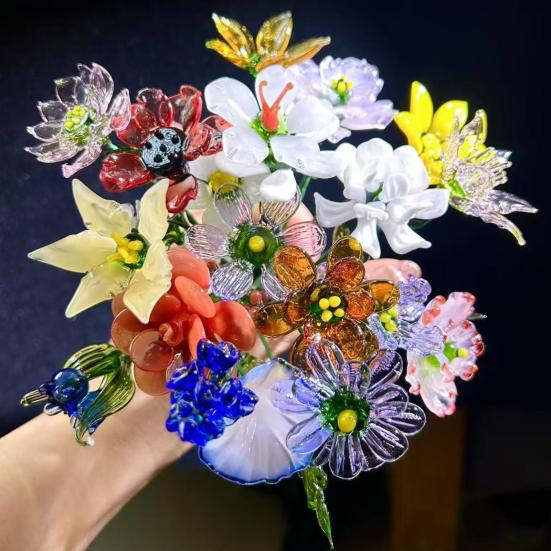 Hand-Blown Glass Flower Decoration with Wire Stem Handmade Colored Glaze Floral Figurine Home Living Room Office Table Flower Vase Ornament