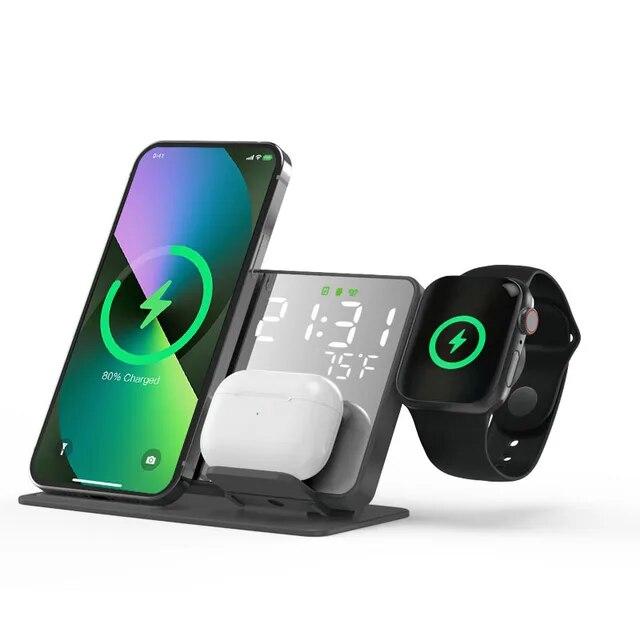 Беспроводное зарядное устройство 3 в 1 для IPhone 14 13 12 Pro Max 11 XS 15 Вт, док-станция для быстрой зарядки, настольный светодиодный цифровой будильник