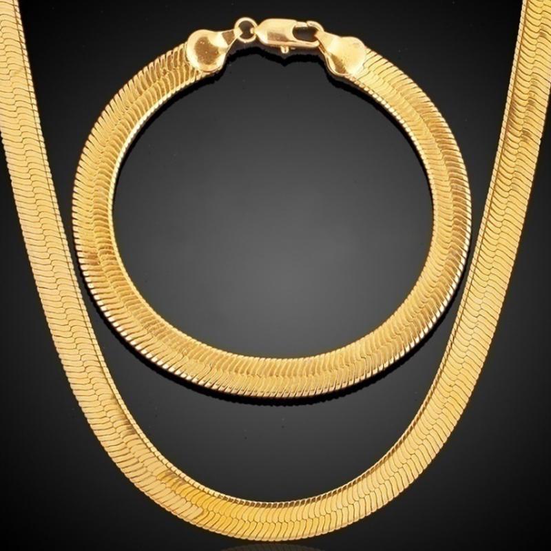 Fashion Men Women 18K Gold Plated Snake Chain Choker Necklace Bracelet Jewelry Set