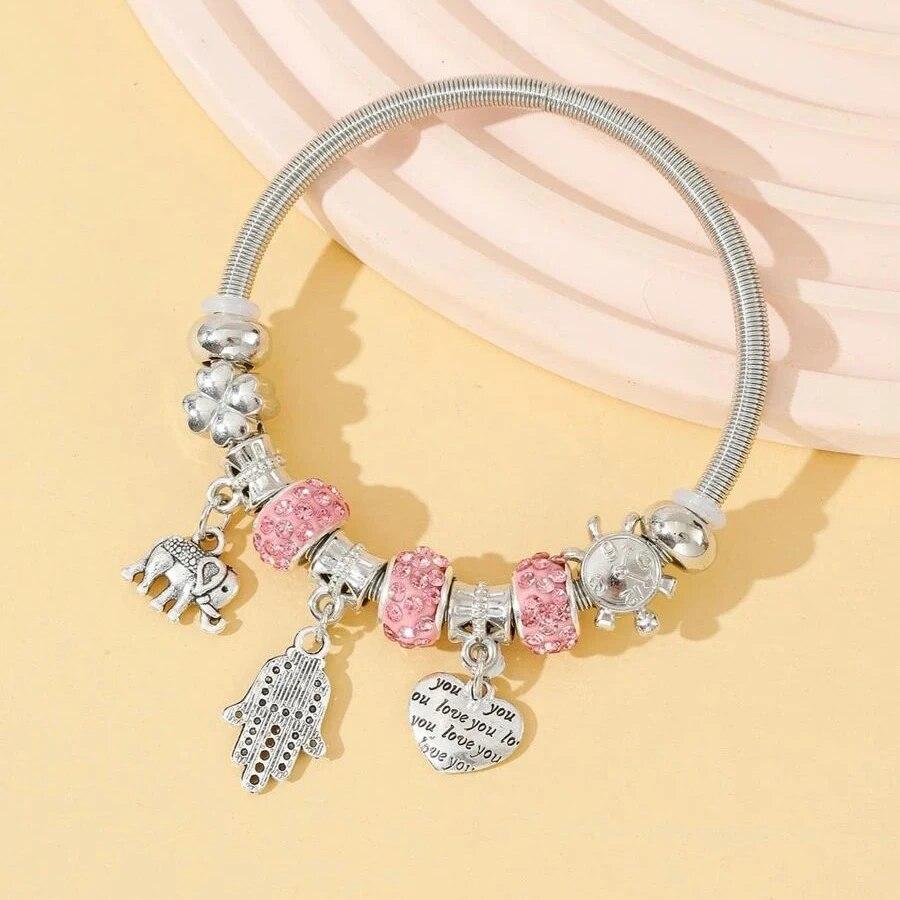 Браслет-шарм с замком-ключом Обега, подвеской в виде короны, розовыми стеклянными бусинами, подвесками в виде слона, медведя, руки Фатимы и часов, женские украшения, подарок любви