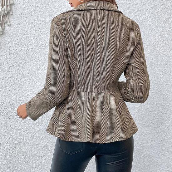 Женский повседневный пиджак с лацканами, длинный рукав, двубортный пиджак с оборками и полосатым принтом, деловая верхняя одежда