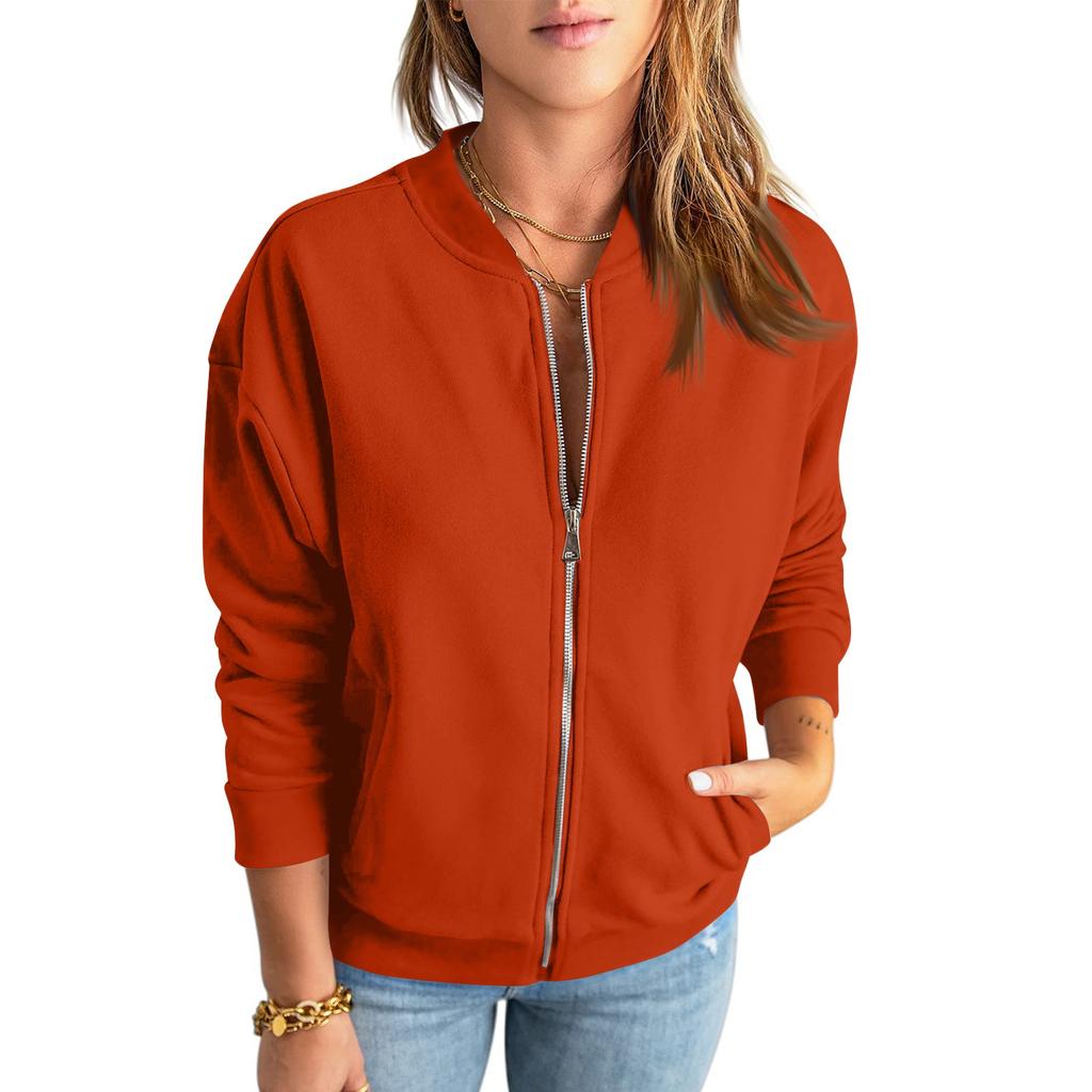 Women's Casual Sweatshirt Solid Color Zipper Jacket Long Sleeve Loose Coat With Pocket