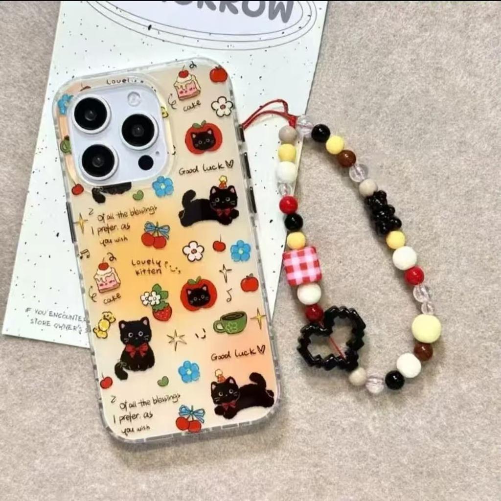 IDM Большое Отверстие Милый Черный Кот со Подставкой и Цепочкой для Чехла на Телефон Apple 17/15 Promax для iPhone