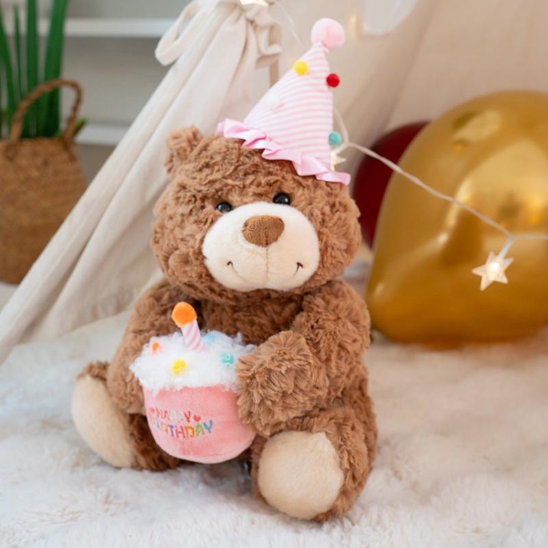 28cm Cartoon Birthday Bear Plush Toys Kawaii Bear Hug Rabbit Wear Hat Stuffed Animal Room Decoration Children Sleep Pillow Gift