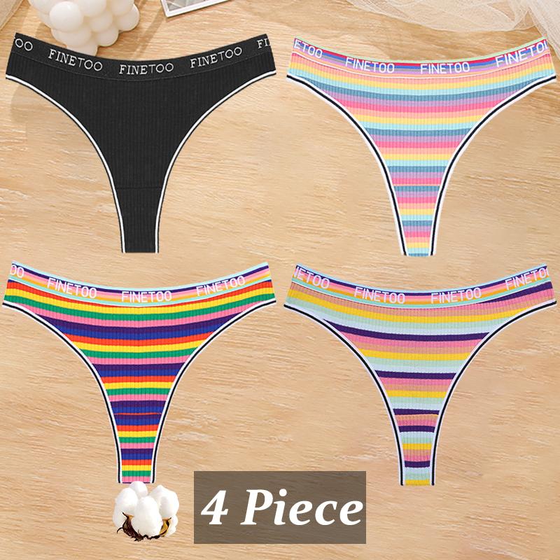 4Pcs/Set Women Cotton Colorful Stripe Panties Sexy Underwear G-Strings Rainbow Thongs Female Soft Breathable Intimates Lingerie