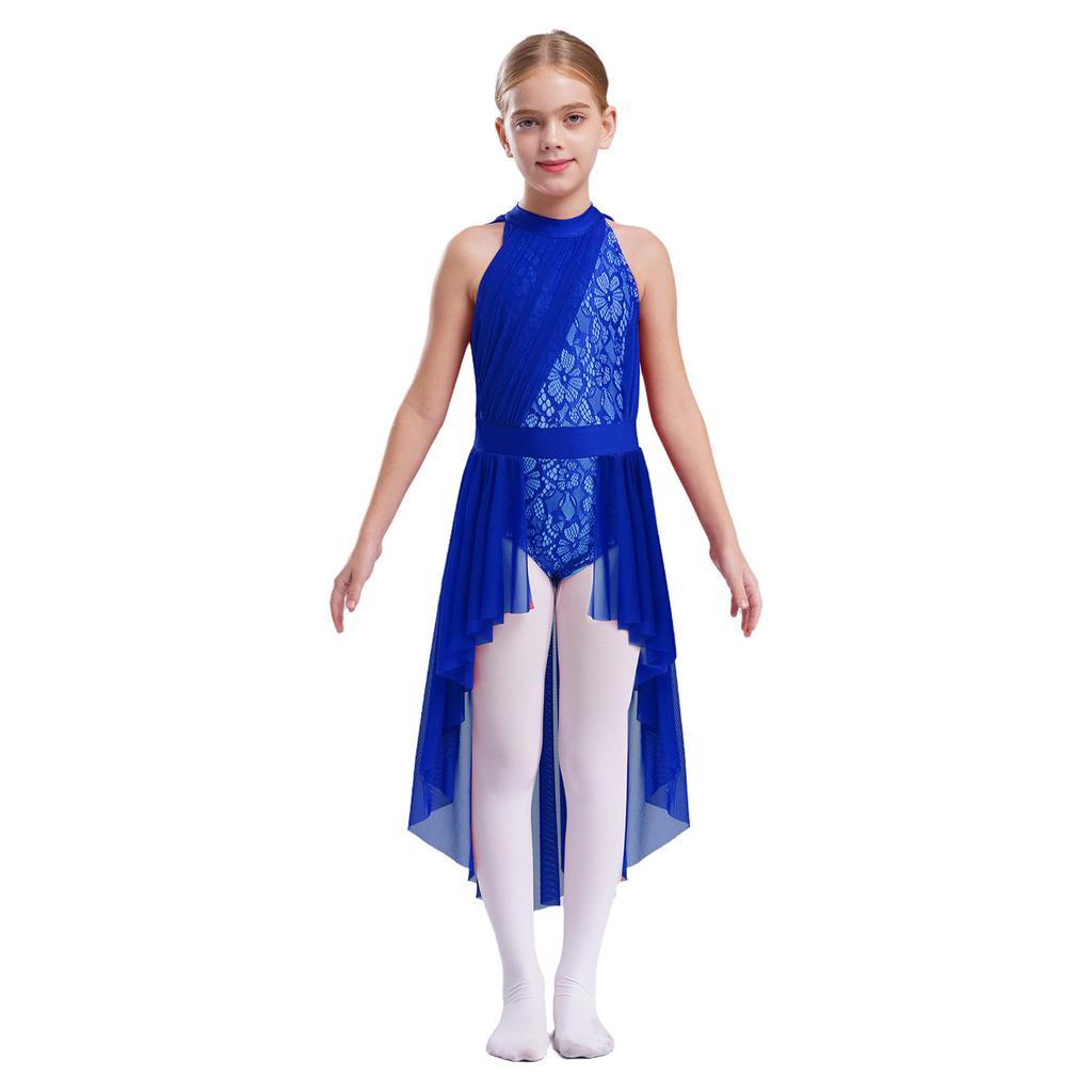 Girls Performance Leotard Sleeveless Cutout Back Design Hollow Out Lace Mesh Overlay Skirted Dance Costume